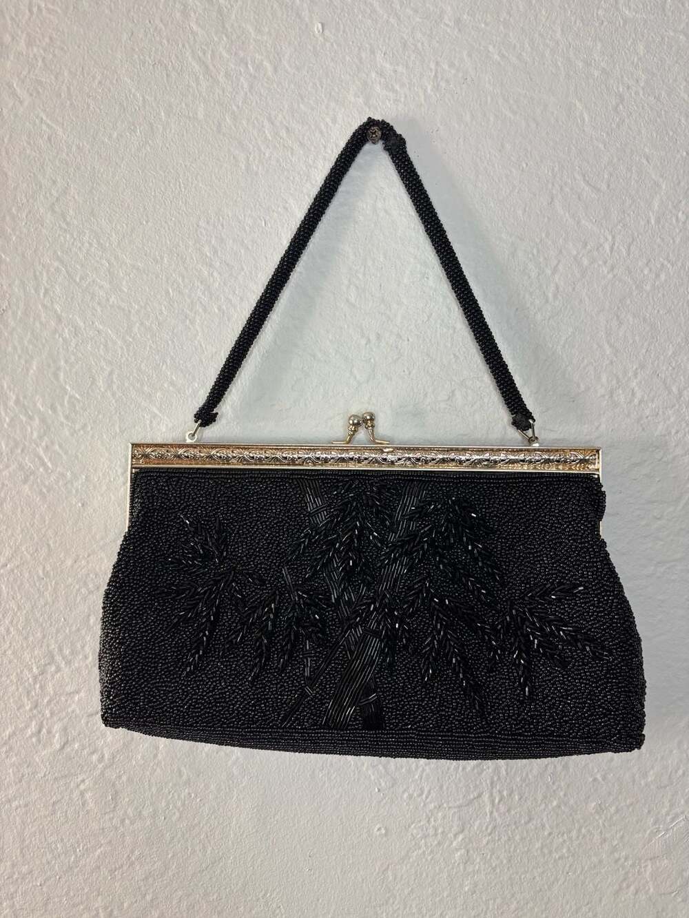 Vintage Mid-Century Black Beaded Evening Handbag with Floral Motif and Gold Tone